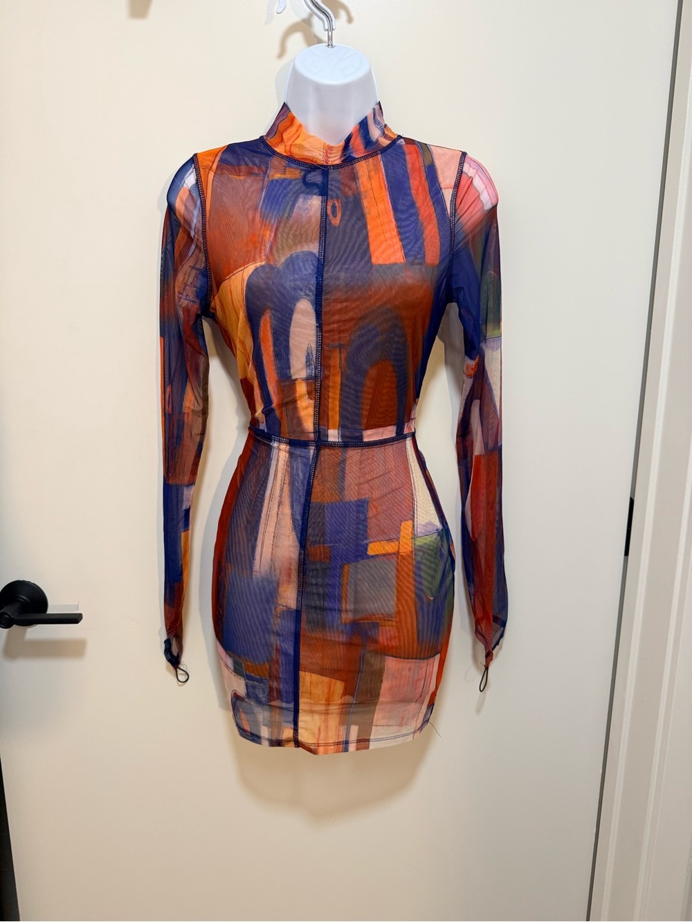 Fashion Nova Abstract Mesh Long Sleeve Dress - Navy & Orange